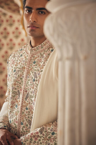 Avir Aari Embroidered Silk Sherwani - Cream, Cream, image 4